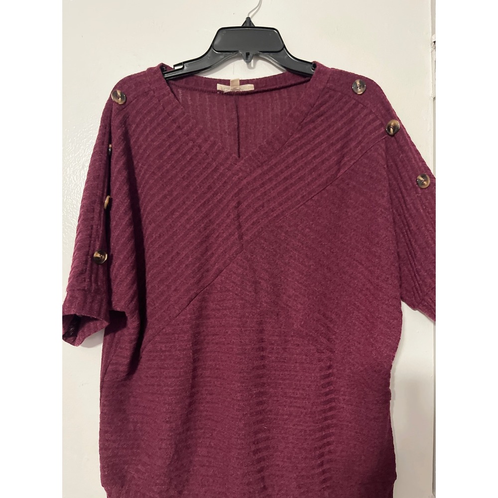 Parallel Skies Womens Burgundy Ribbed V-Neck Button Shoulder Knit Top XL - Picture 2 of 6